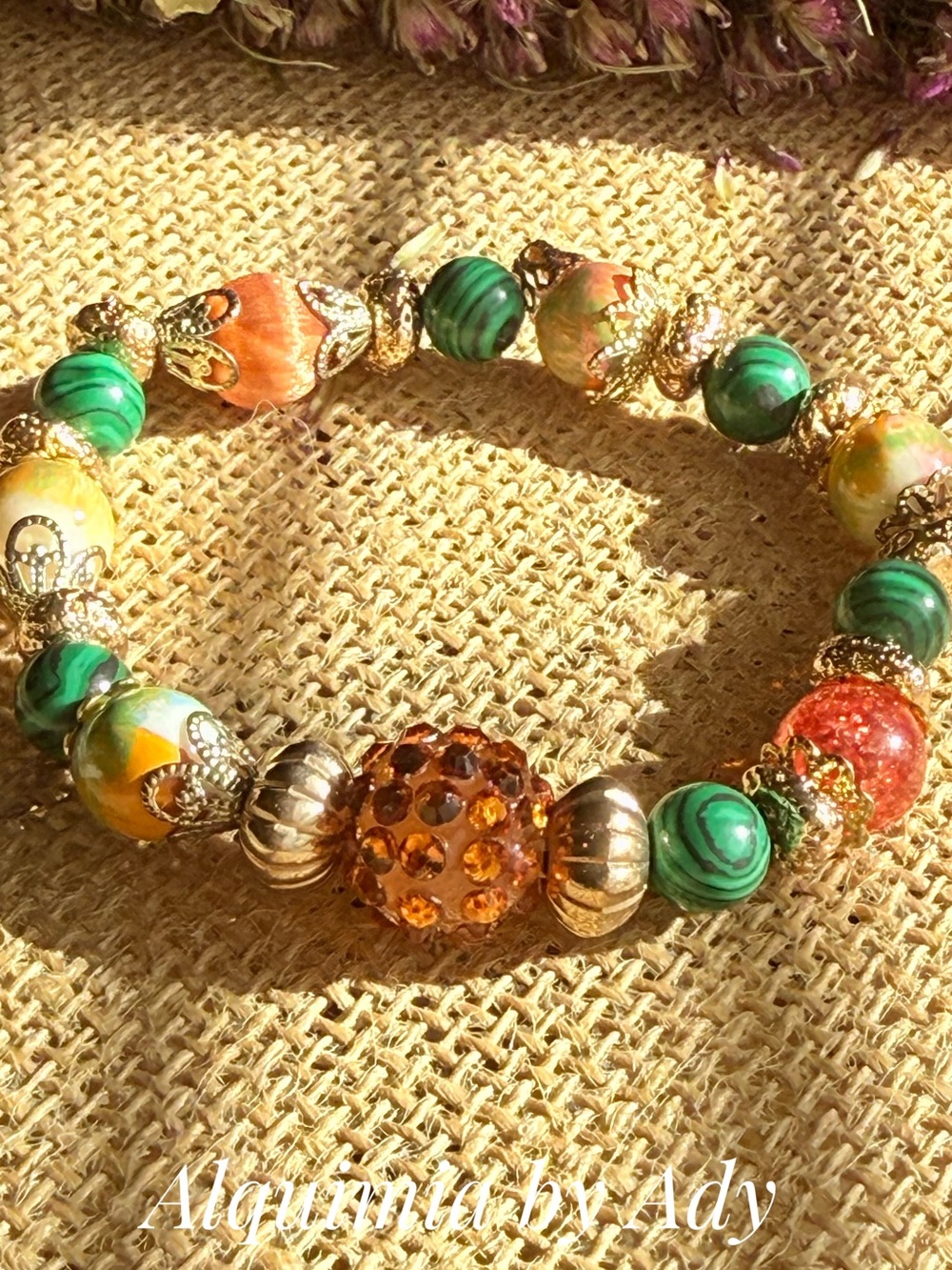 Fall + burnt orange & Green malachite Beaded Bracelet